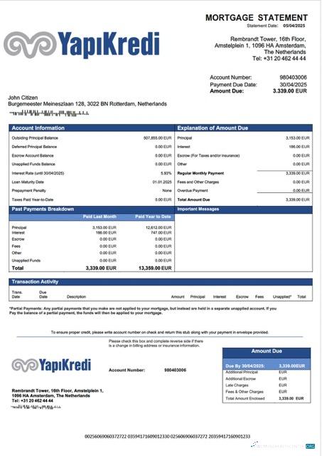 Download Netherlands Yapi Kredi Bank Nederland mortgage statement Word and PDF template Photoshop template